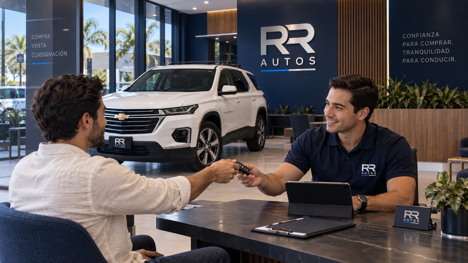 Cliente entregando las llaves de su vehículo a un asesor de RR AUTOS durante el proceso de evaluación.
