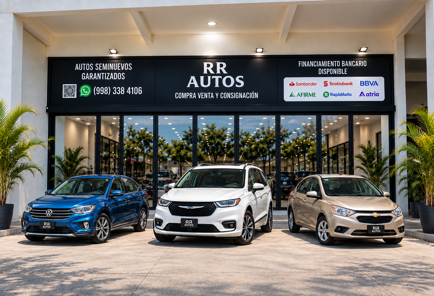 Fachada de RR AUTOS en Master Plaza, Cancún, con vehículos en exhibición